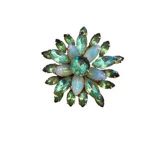 Large Floral Blue Green Brooch Vintage  Unsigned